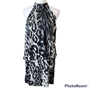 Fredericks of Hollywood szM black grey leopard print mini dress keyhole back EUC